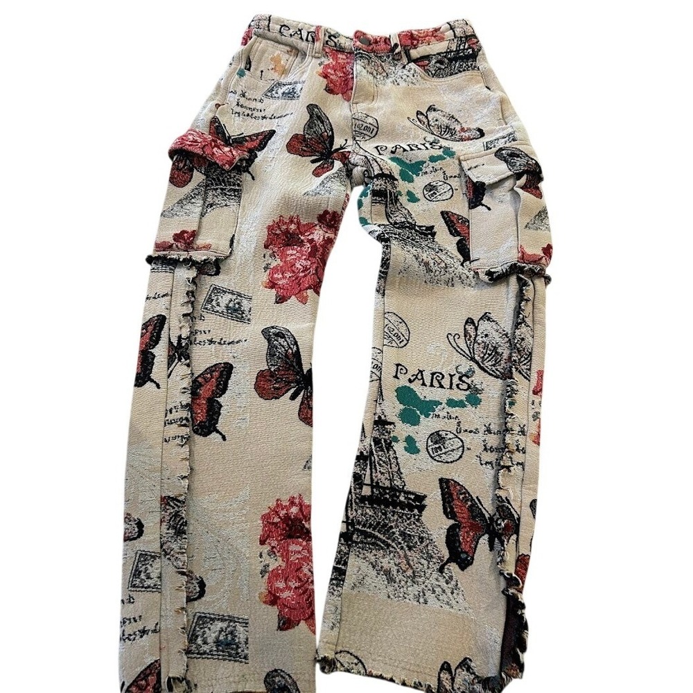 Paris Eiffel Tower Butterfly Tapestry Cargo Pants Cream‎ Red Size 30 Streetwear